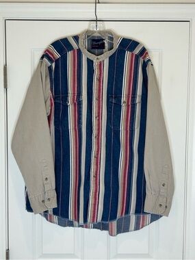 Wrangler X-Long Tails Striped Western Snap Shirt - Blue, Red & Cream Size M